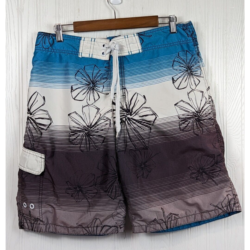 Chalc Swim Shorts Board Shorts Blue White Black Floral Pocket Drawstring Size 34